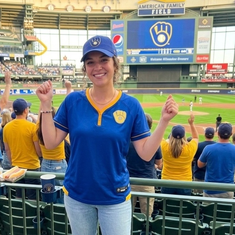 Fanatics Milwaukee Brewers MLB Women's Medium Blue Gold Henley Jersey Shirt NEW